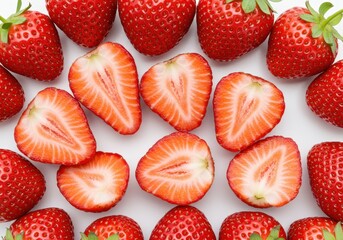 A close up view of whole and halved strawberries on a white surface