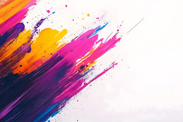 Diagonal streaks of vibrant paint in pink purple orange and yellow on a white background abstract art