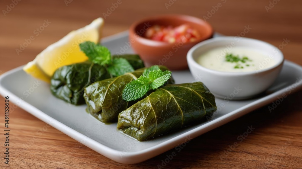 Poster plate of stuffed grape leaves on a wooden table. the grape leaves are arranged in a circular pattern