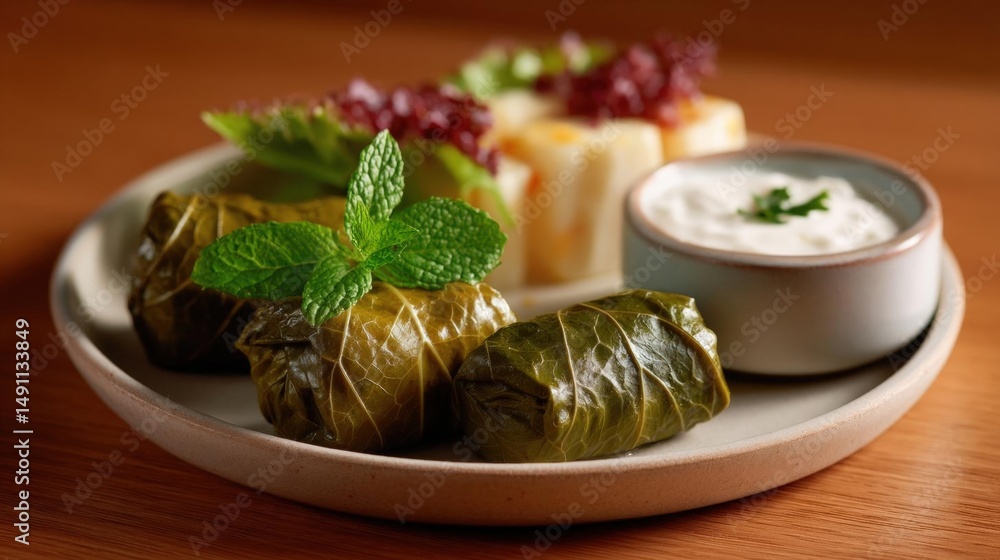 Poster plate of food on a wooden table. on the plate, there are three stuffed grape leaves arranged in a ci