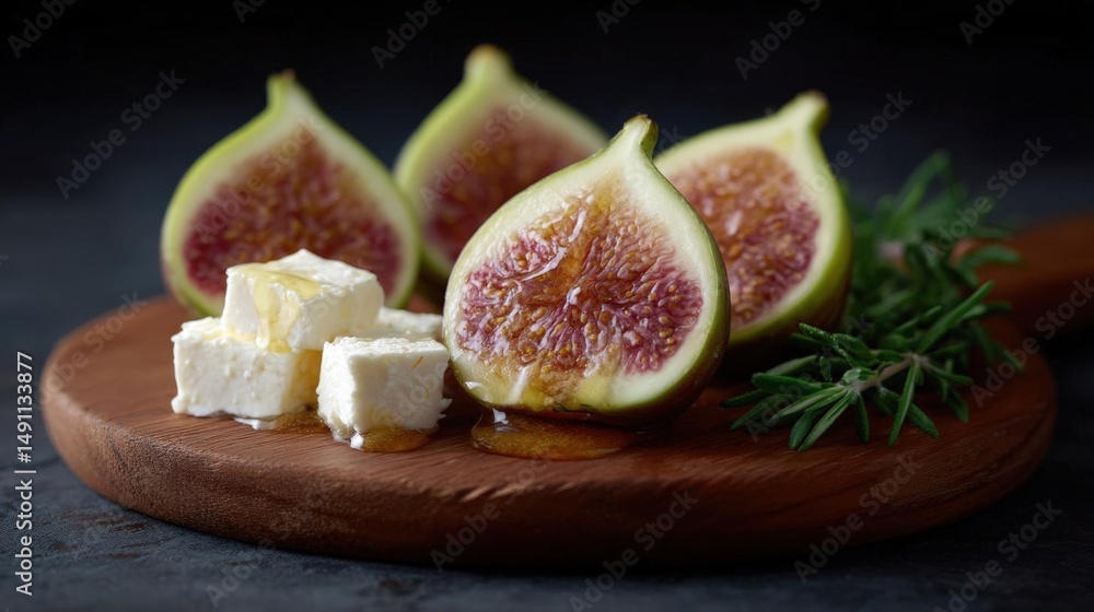 Poster wooden serving platter with four slices of fresh figs on it. the figs are cut in half and arranged i