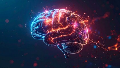Glowing brain with red and blue highlights on dark background with connecting points