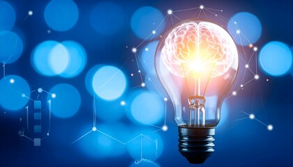 Glowing brain inside light bulb with network backdrop
