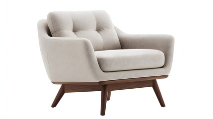 Light beige upholstered arm chair with wooden legs.