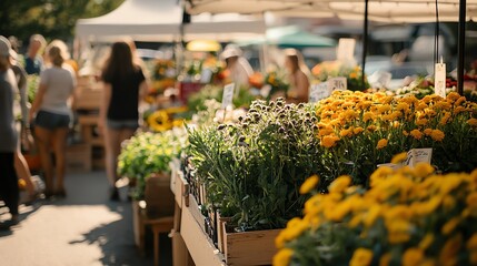 Fototapeta premium A vibrant farmers market scene showcases a diverse array of fresh produce and flowers.