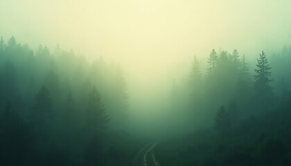 Fototapeta premium Misty forest landscape with winding path in soft green tones 