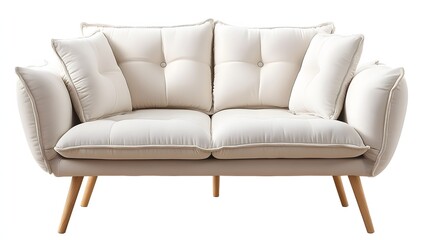 Cream-colored, two-seater sofa with buttoned cushions.