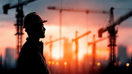 Male Engineer in Hard Hat Silhouetted Against Construction Cranes