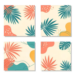 Collection of four modern tropical abstract art prints in a boho botanical style. Features minimalist illustrations of leaves and organic shapes in coral, teal, and yellow tones.
