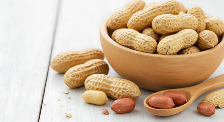Peanuts in Wooden Bowl and Scattered on White Table Close-up Food Still Life