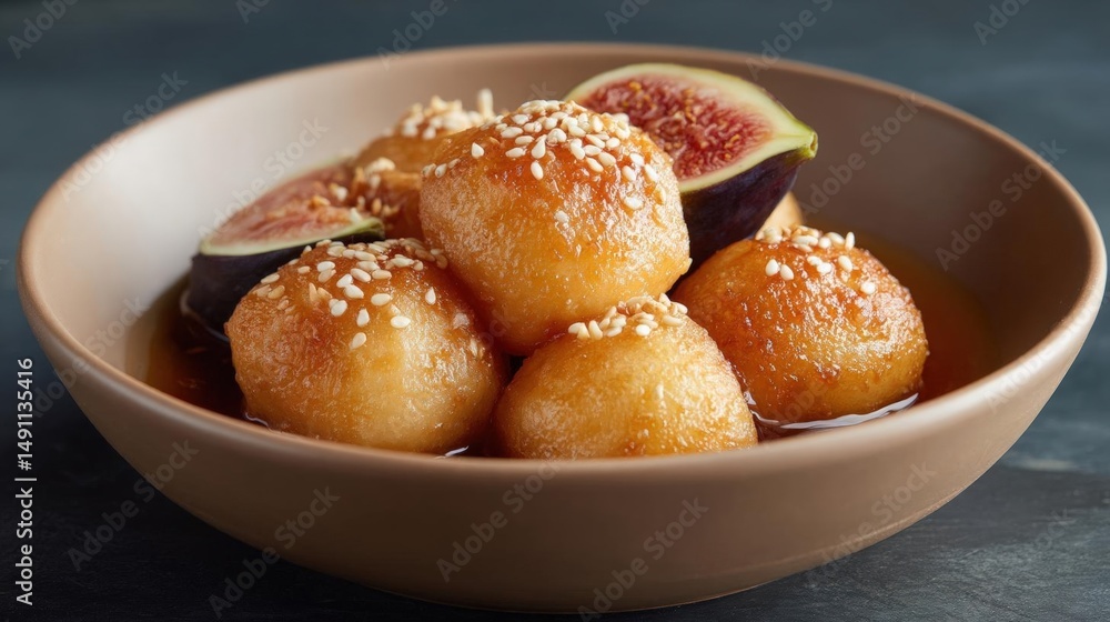 Poster bowl of fried doughnuts with sesame seeds on top. the doughnuts are golden brown in color and appear