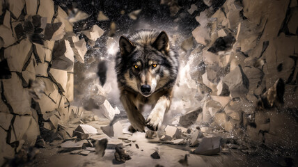 A powerful wolf aggressively pushes forward, bursting through a crumbling wall with visible determination in its striking orange eyes.