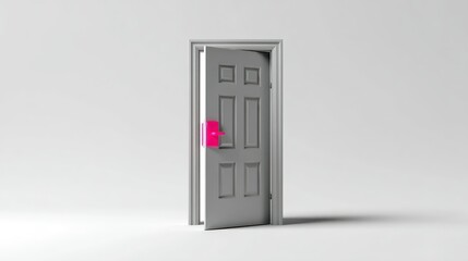 An inviting gray door with a vibrant pink handle symbolizing opportunity and transition in a m