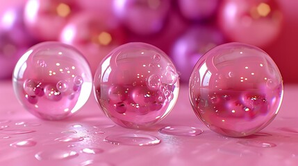 Three translucent spheres, reflecting pink and purple orbs