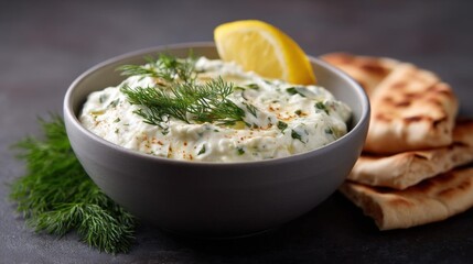Bowl of creamy white dip with a slice of lemon on top. the dip appears to be made with herbs and spices, and is garnished with fresh dill.
