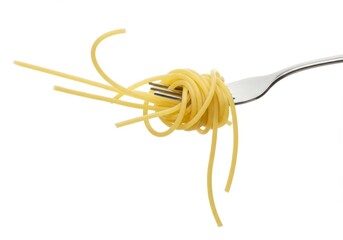 Spaghetti is twirled on a fork against a plain white background in a close up shot