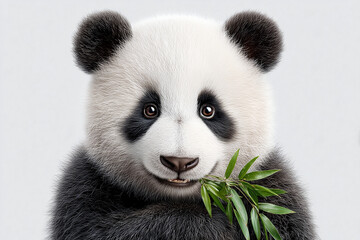Fototapeta premium A captivating panda with bamboo. The panda stares at the camera with curious eyes while eating bamboo