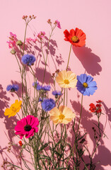 Naklejka premium Colorful wildflowers casting shadows on light pink background