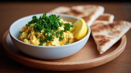 Bowl of scrambled eggs with a slice of lemon on the side. the bowl is white and is placed on a wooden plate with two pita breads on the right side.