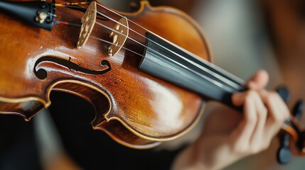 Fototapeta premium A close-up shows a violinist passionately playing a violin with a sharp focus on the instrument.