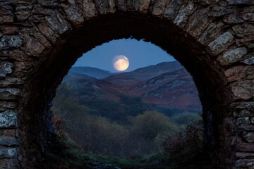 Stone Tunnel Framing Full Moon Over Hills
