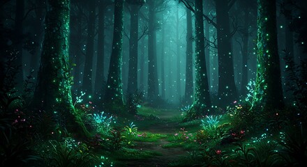 Mystical glowing forest path