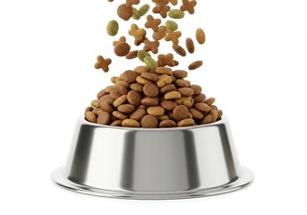 Dry dog food is falling into a stainless steel bowl on a white background