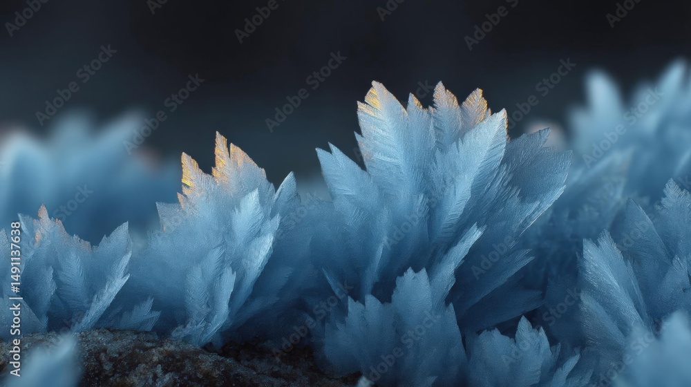 Poster close-up of a group of ice crystals. the crystals are arranged in a cluster, with the largest crysta