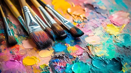 Obraz premium A close-up shows a painters palette overflowing with brightly colored paints.