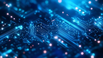 Futuristic Microchip on a High-Tech Blue Circuit Board, Representing Advanced Computing Technology and Digital Innovation in Modern Electronics.