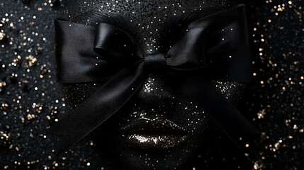 Artistic close up of female face with black ribbon and glitter particles elegant dark background