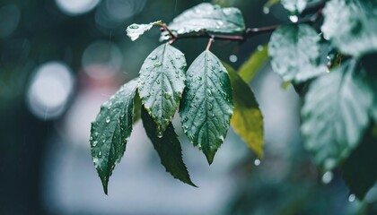 Green leaves shimmer with water droplets, nature's renewal in a bokeh-filled, serene, outdoor environment