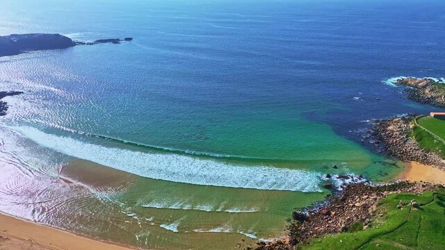 Aerial view of La Lanzada with Sanxenxo hermitage and beach of Pontevedra