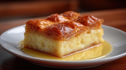 Slice of bread pudding on a white plate. the bread pudding is golden brown in color and has a flaky texture. it is topped with a layer of caramel sauce, which is drizzled over the top.