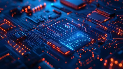 Obraz premium Futuristic Microchip on a High-Tech Blue Circuit Board, Representing Advanced Computing Technology and Digital Innovation in Modern Electronics.