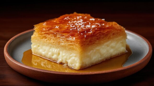 Square piece of dessert on a wooden plate. the dessert appears to be a flan or custard-like dessert with a golden-brown crust on top.