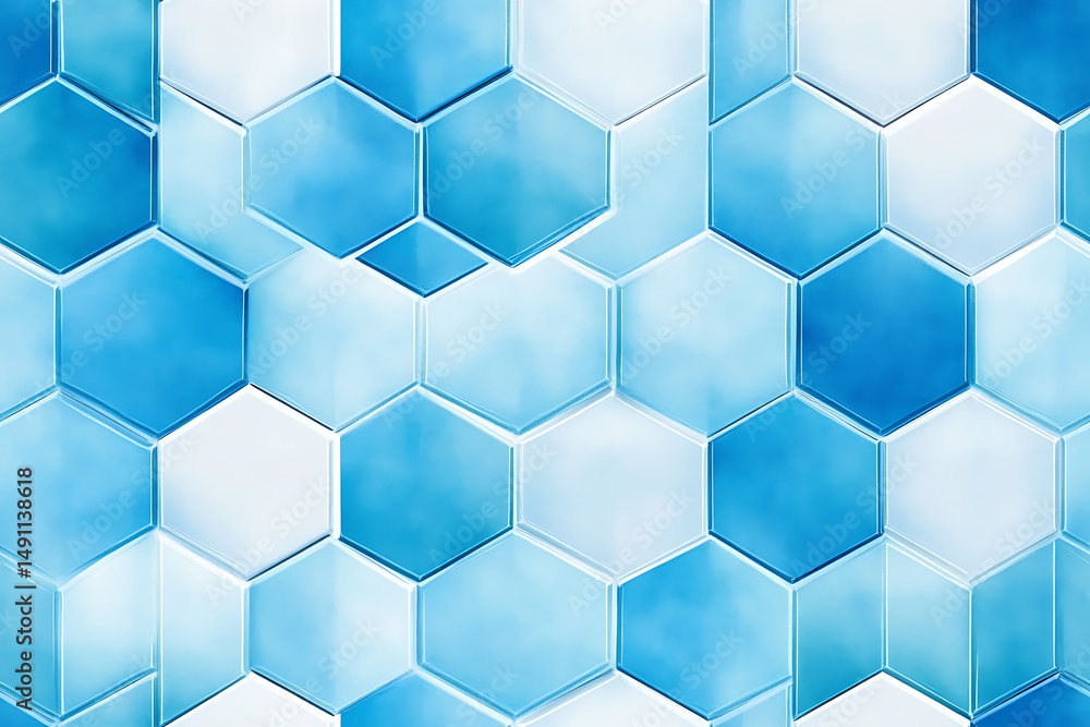 Poster a close up of blue and white hexagonal tiles arranged in a geometric pattern with soft lighting