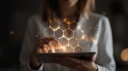 Businesswoman Typing on Tablet with Glowing Hexagonal Overlay