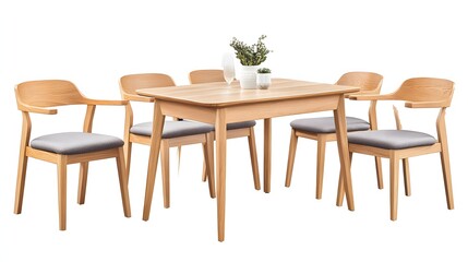 Light wood dining set with upholstered chairs.