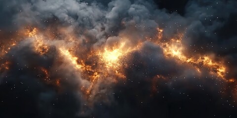 A cosmic scene featuring glowing nebulae, star clusters, and interstellar clouds.