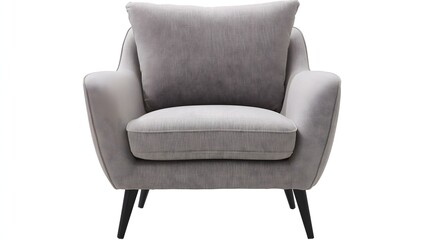 Naklejka premium Modern light gray upholstered arm chair with dark legs.