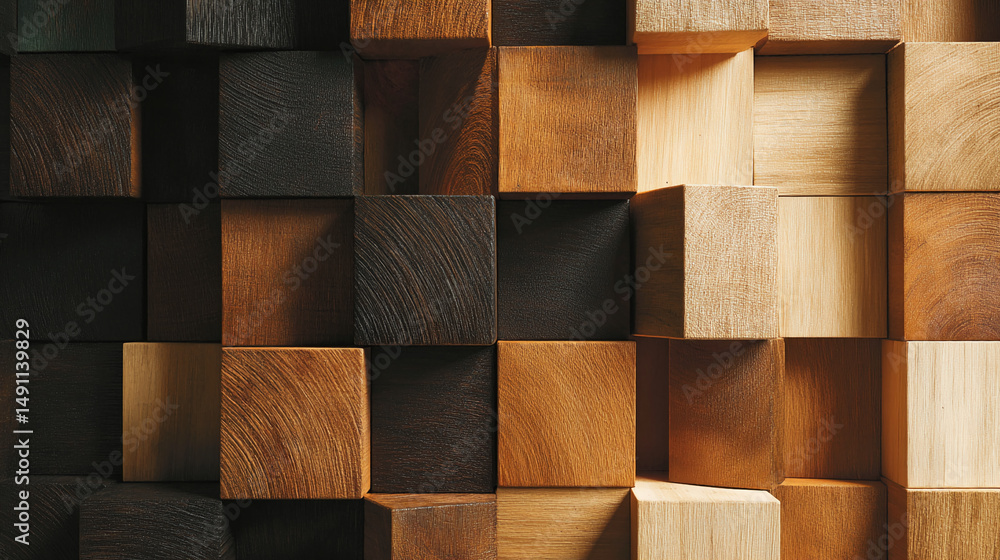 Aufkleber close-up of various wood cube textures, showcasing different shades of brown and dark wood grain, cr