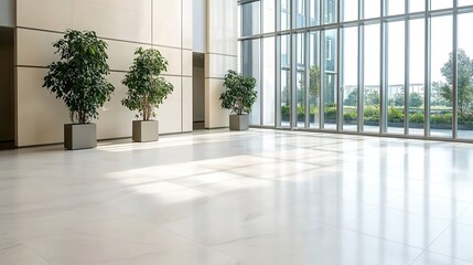A bright modern lobby with large potted plants, glass walls, and a white marble floor.