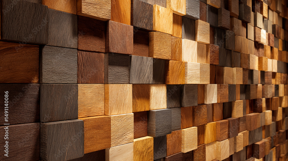Poster Brown wooden cube texture background, showing various shades and grain patterns, creating a warm and natural visual appeal, suitable for design or architectural showcase