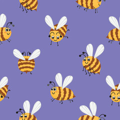 Funny honey bees seamless pattern. Flying striped characters with wings, eyes, antennae. Yellow, brown colors on lilac background. Vector design for textile, wallpaper, cover. Cartoon illustration.