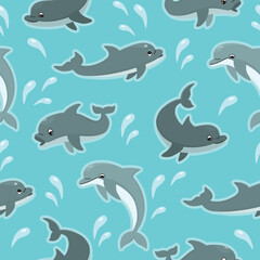 Marine seamless  pattern with swimming dolphins. Cartoon ocean characters with splashes of water. Grey and white colors on blue background. Vector design for textile. Endless wallpaper, cover.
