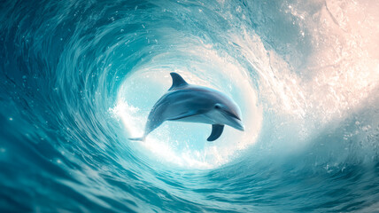 Fototapeta premium A dolphin swims through a beautiful, curling wave. The light shines through, illuminating the wave and the animal.