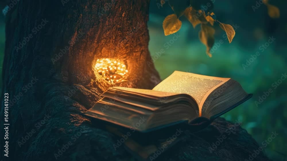 Poster a book lying on a tree branch, surrounded by foliage
