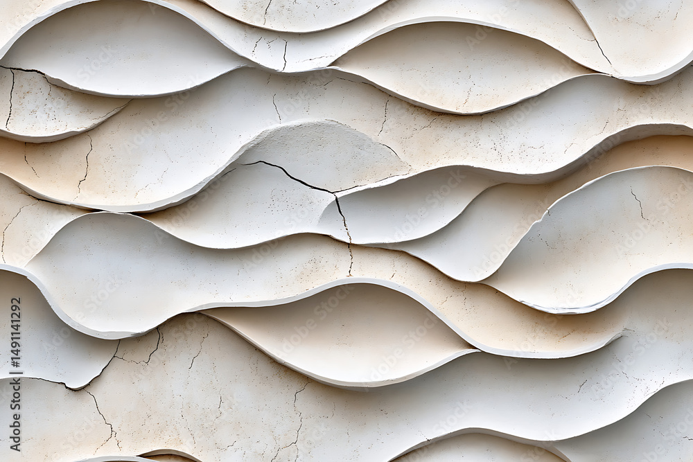 Poster close up of a wavy textured white wall with cracks and shadows creating a modern abstract design