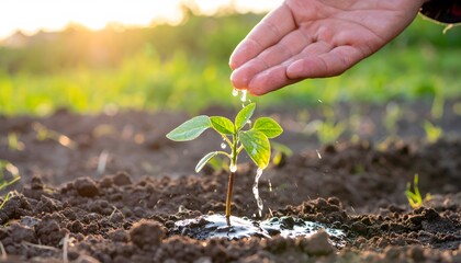 Hand gently waters a young seedling in rich soil, bathed in sunlight